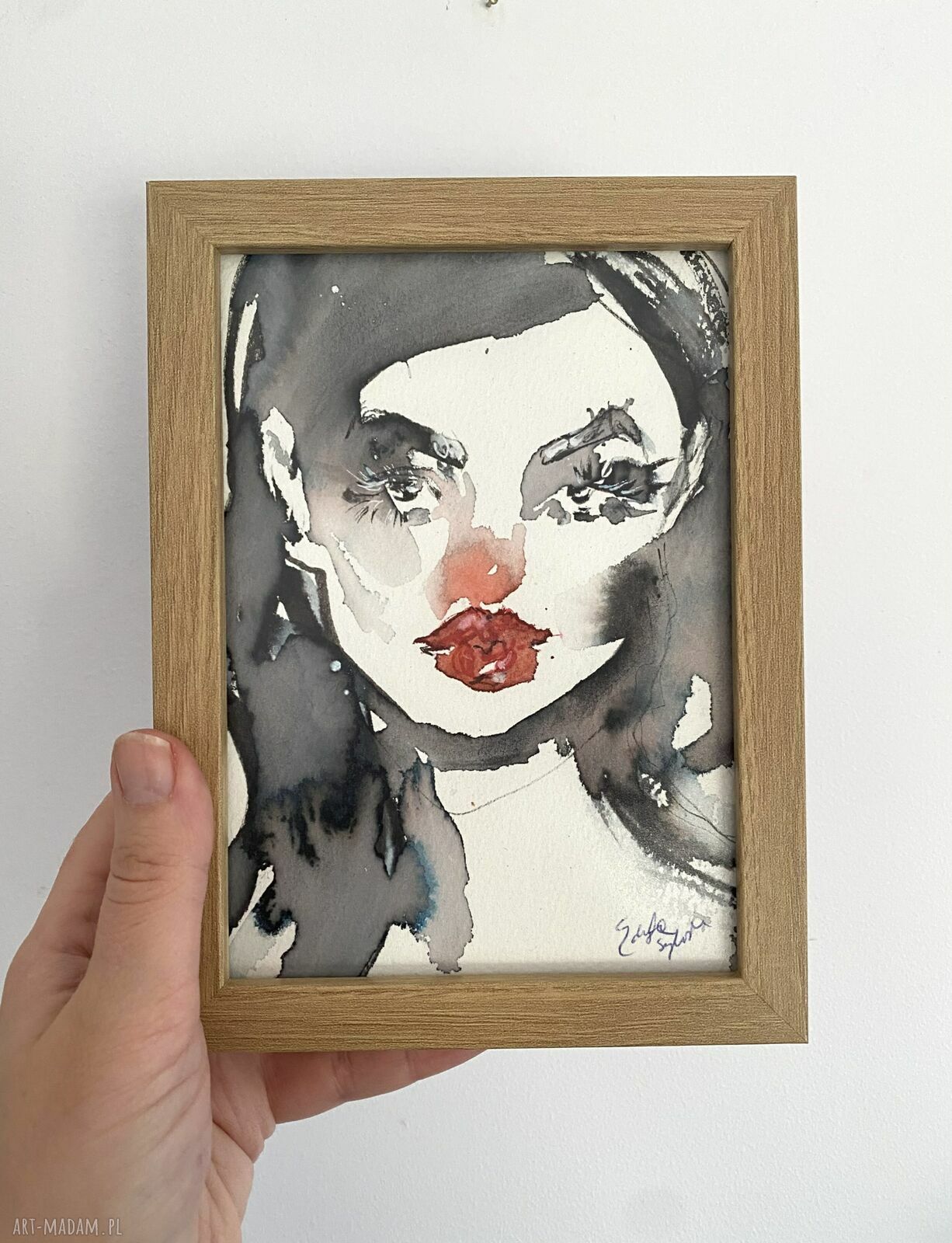 Red Lips - oryginalna akwarela w ramce 13x18 cm