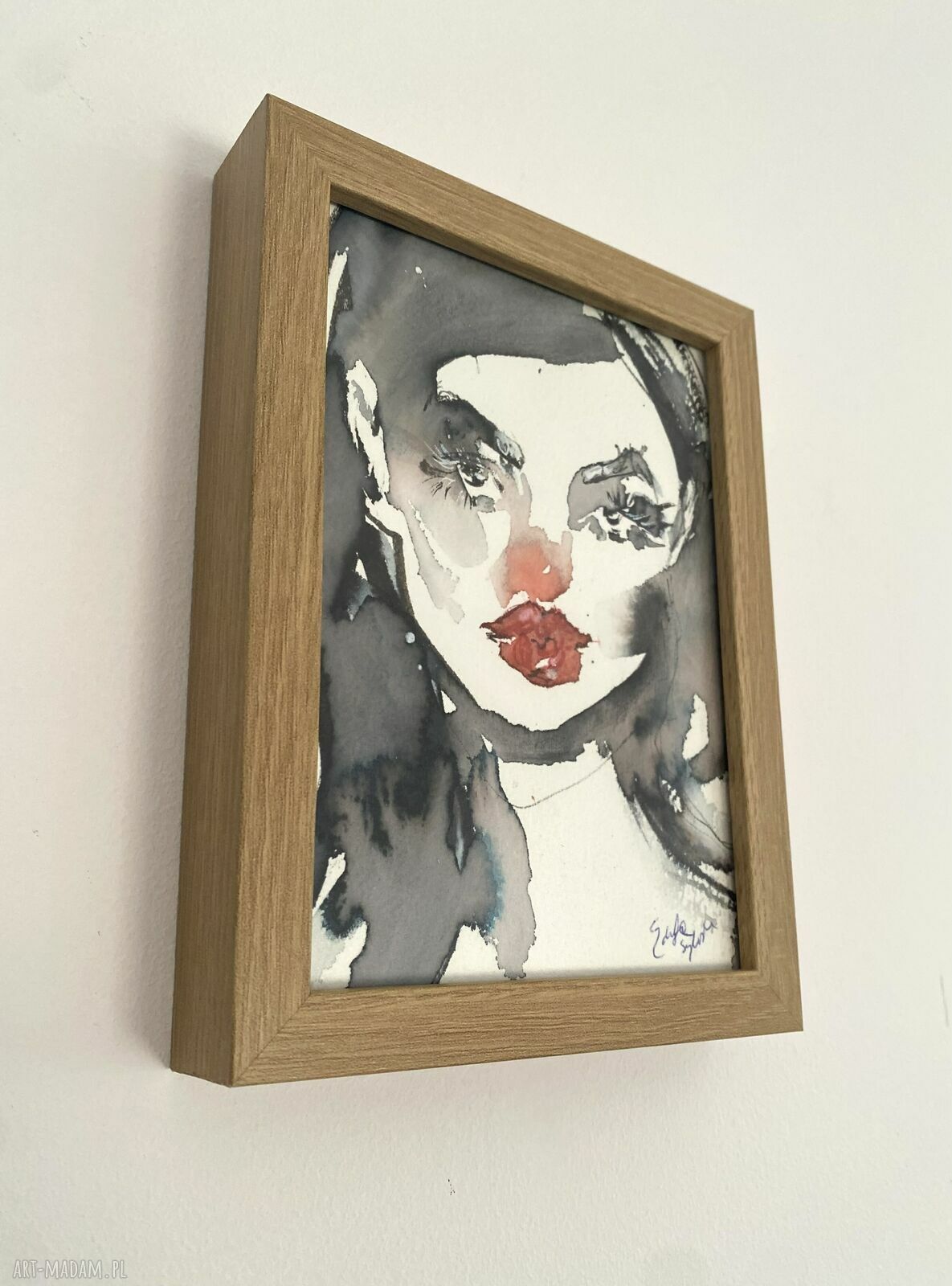 Red Lips - oryginalna akwarela w ramce 13x18 cm