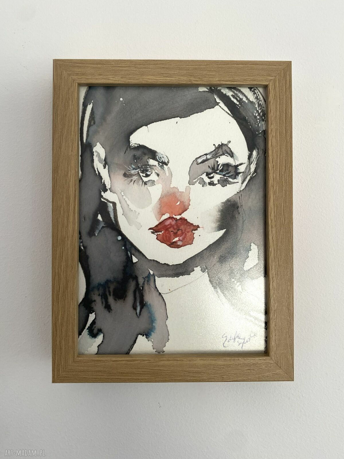 Red Lips - oryginalna akwarela w ramce 13x18 cm