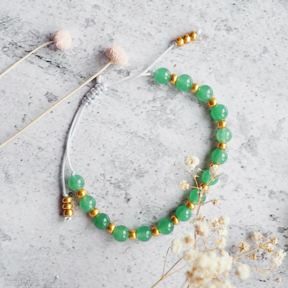 Regulowana bransoletka z agatem zielonym - unikatowa biżuteria handmade