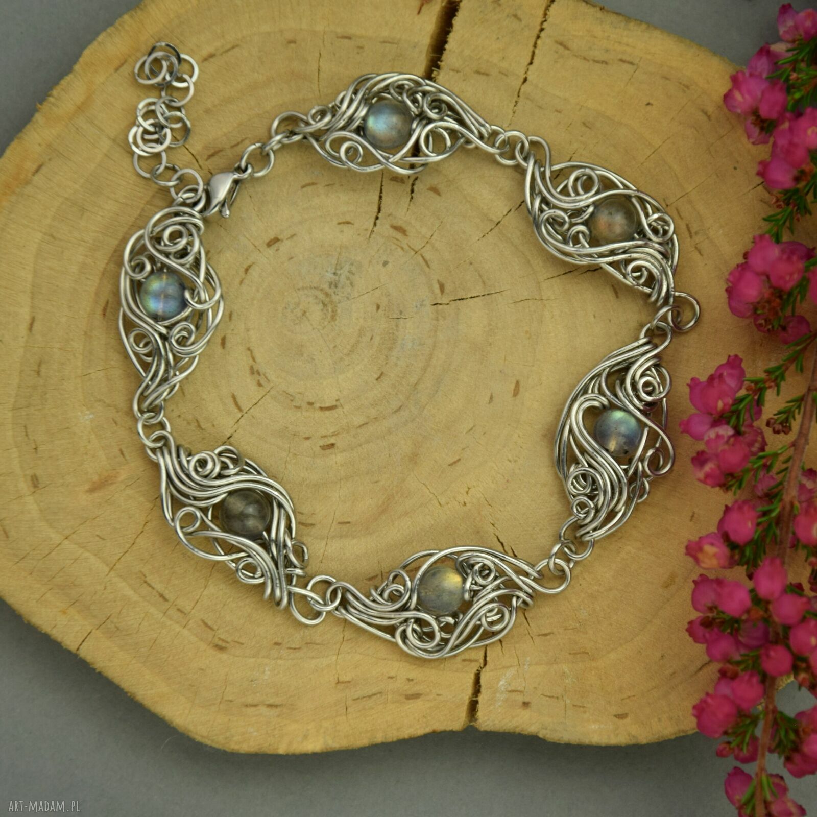 Regulowana bransoletka z kolorowymi labradorytami - wire wrapping ze stali chirurgicznej