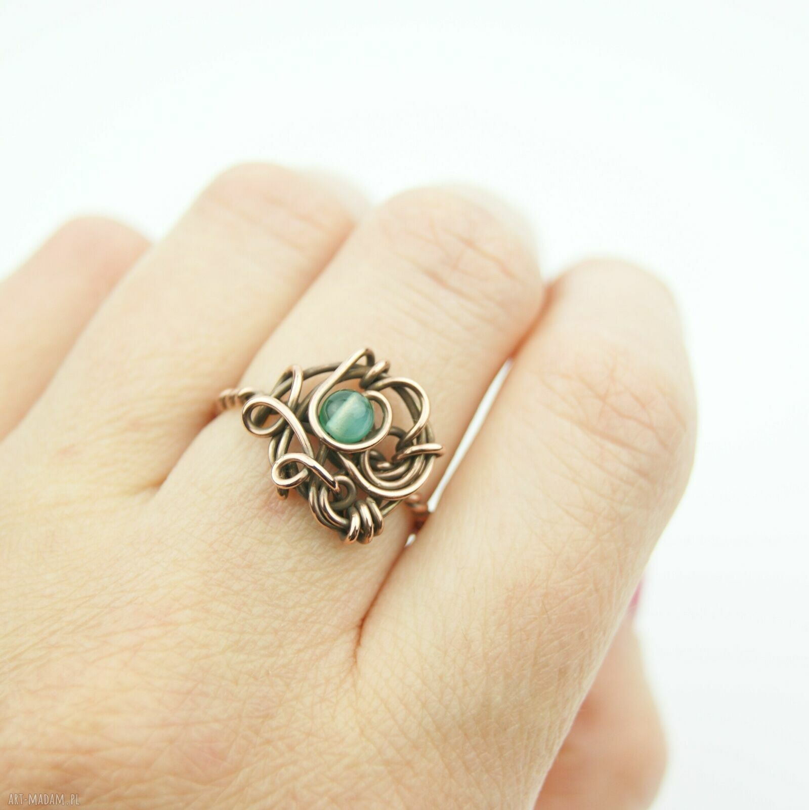 Agat regulowany pierścionek z miedzi - ręczne wire wrapping