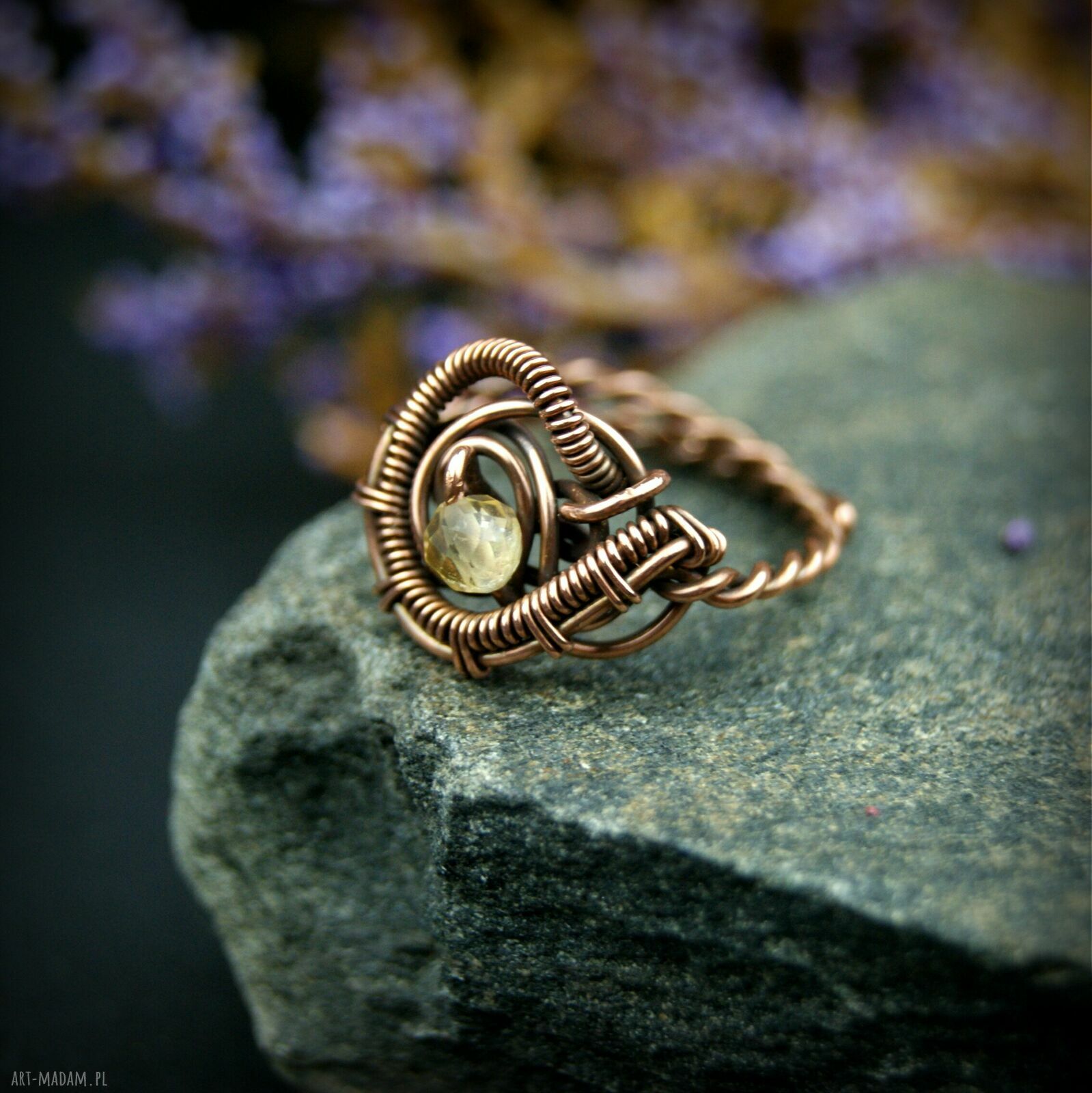 Regulowany pierścionek z cytrynem z miedzi - wire wrapping
