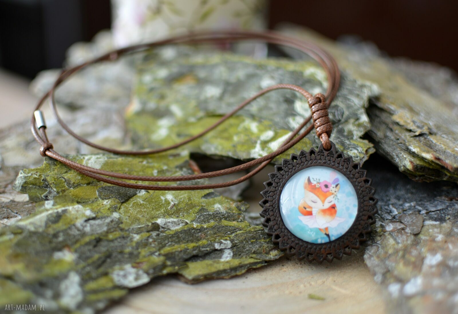 Naszyjnik regulowany z wisiorkiem Lisek Boho - handmade z grafiką pod szklaną osłoną