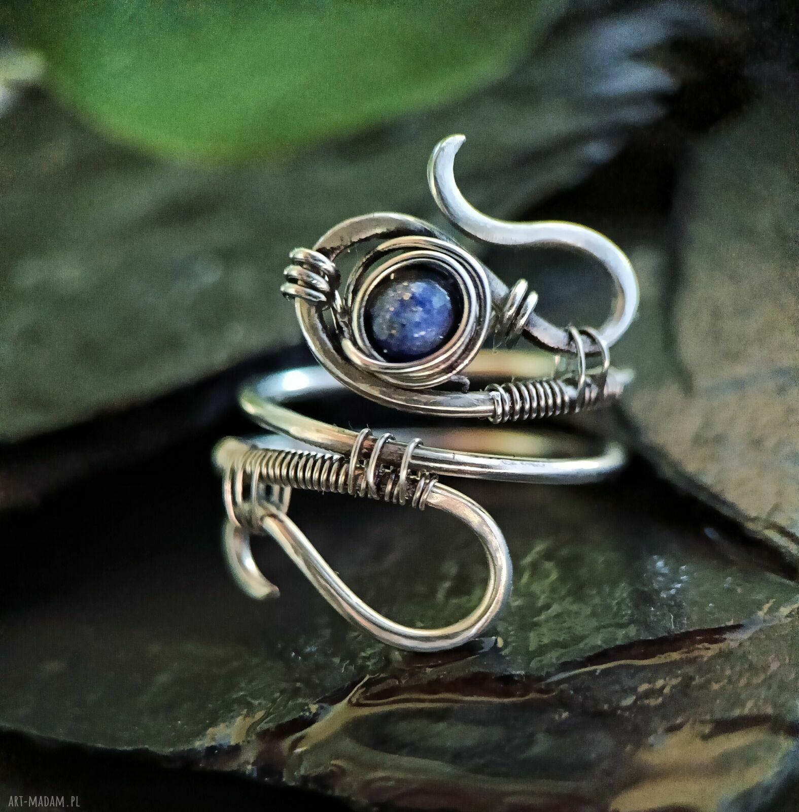 Regulowany pierścionek z Lapis Lazuli ze stali chirurgicznej - wire wrapping