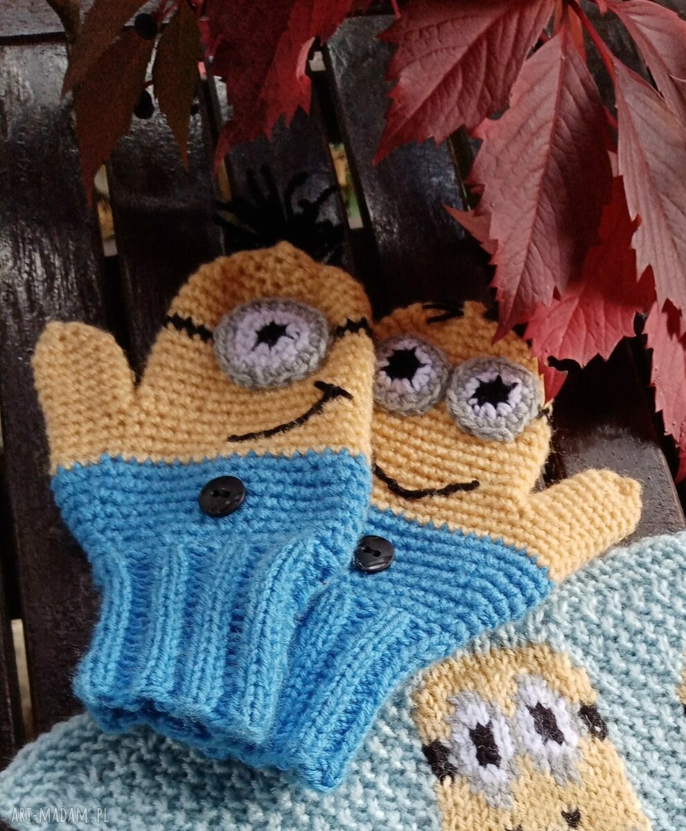 Rękawiczki dziecięce Minionki na zimę - robione na szydełku