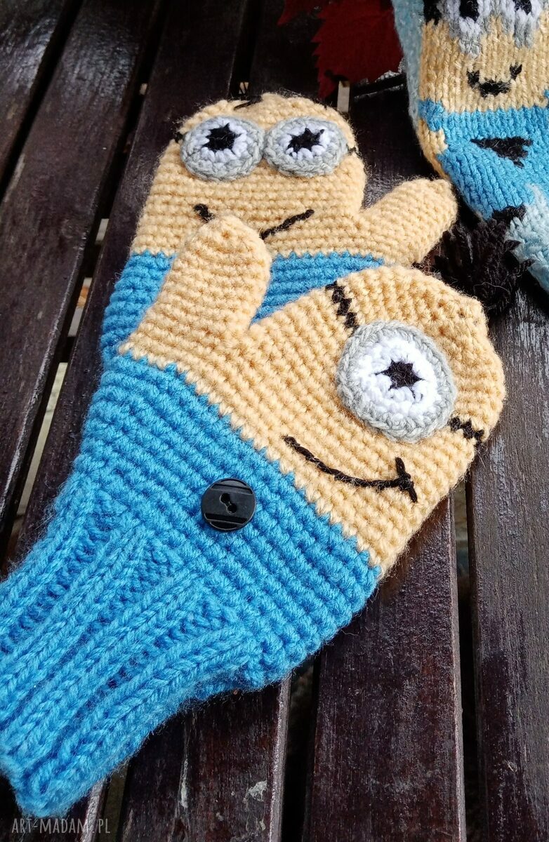 Rękawiczki dziecięce Minionki na zimę - robione na szydełku