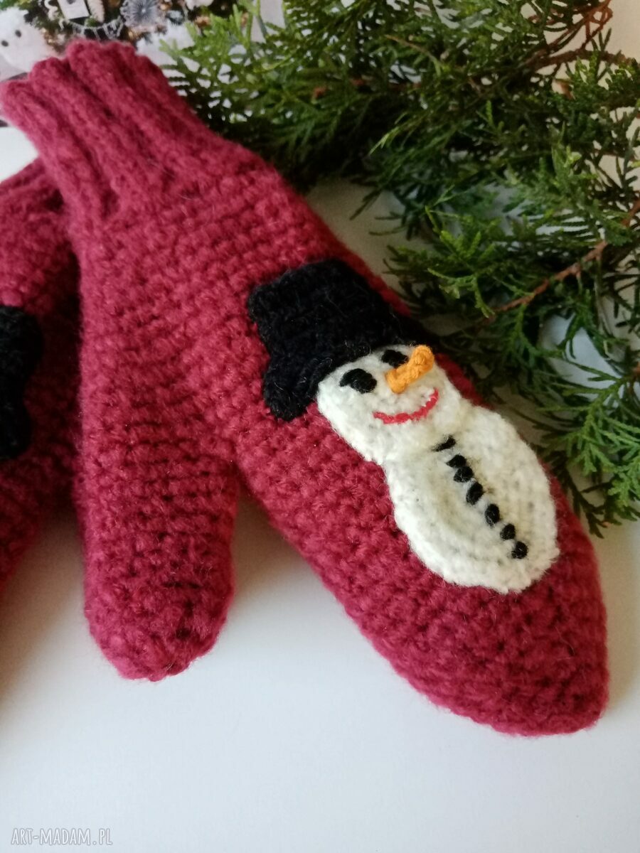Bordowe rękawiczki jednopalczaste z bałwankiem - ciepłe na zimę, handmade