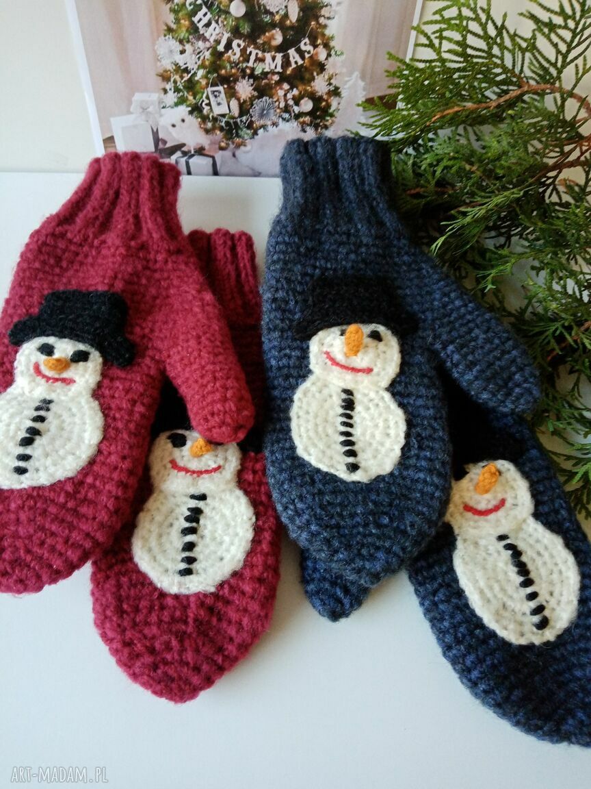 Bordowe rękawiczki jednopalczaste z bałwankiem - ciepłe na zimę, handmade