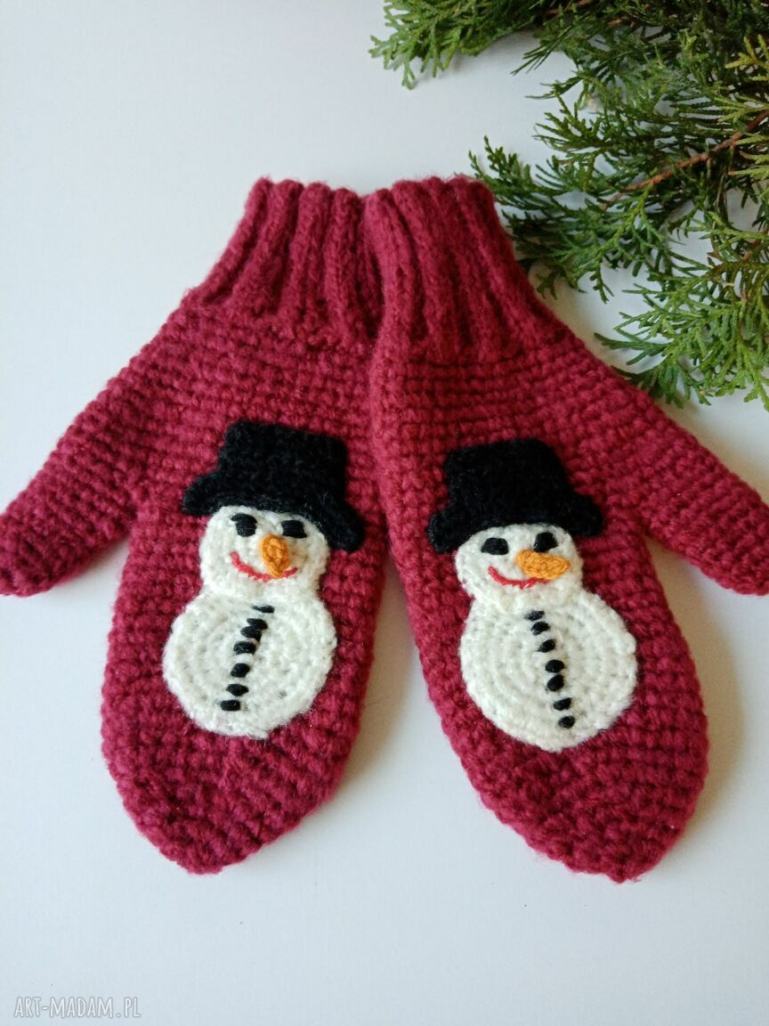 Bordowe rękawiczki jednopalczaste z bałwankiem - ciepłe na zimę, handmade