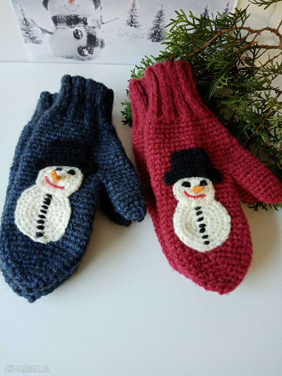 Bordowe rękawiczki jednopalczaste z bałwankiem - ciepłe na zimę, handmade