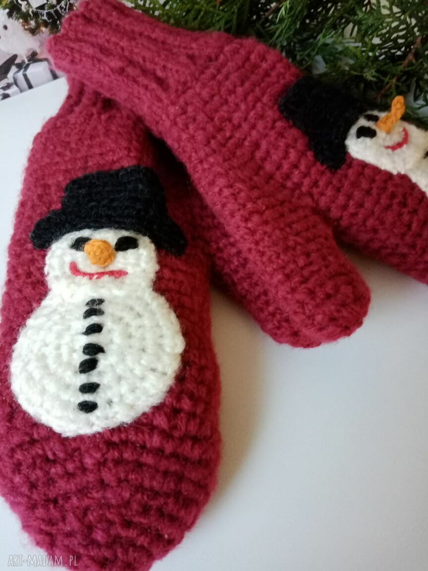 Bordowe rękawiczki jednopalczaste z bałwankiem - ciepłe na zimę, handmade