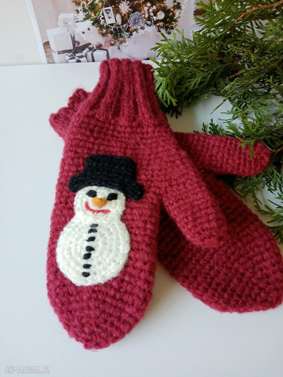 Bordowe rękawiczki jednopalczaste z bałwankiem - ciepłe na zimę, handmade