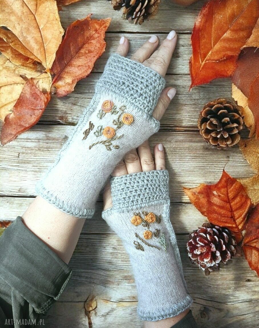 Rękawiczki mitenki garden prezent vintage szydełkiem jesienne