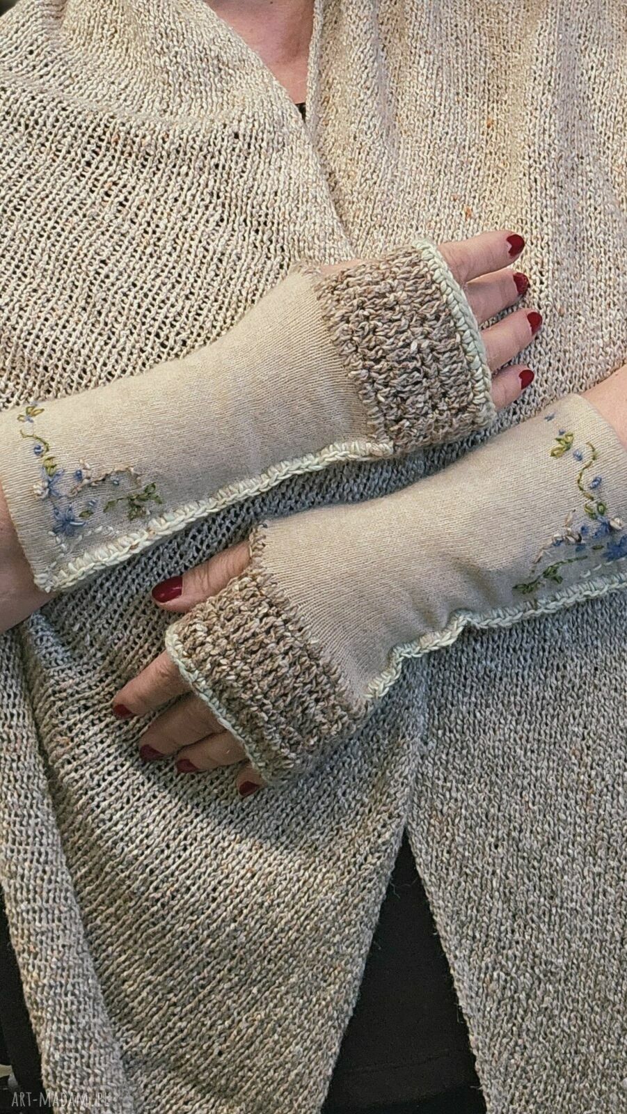 Ręcznie robione mitenki damskie retro - rozmiar M-L