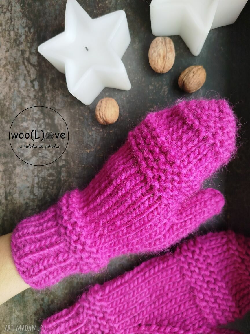 rękawiczki: rękawiczki wełniane ŚNIEŻYNKI neonowy róż Ręczne wykonanie