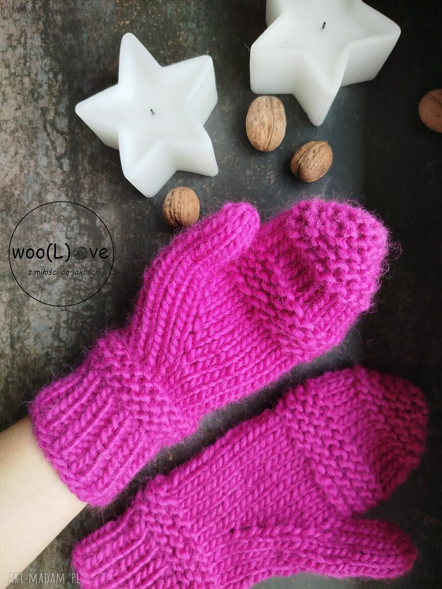 Rękawiczki wełniane ŚnieŻynki neonowy róż pure wool prezent wełna