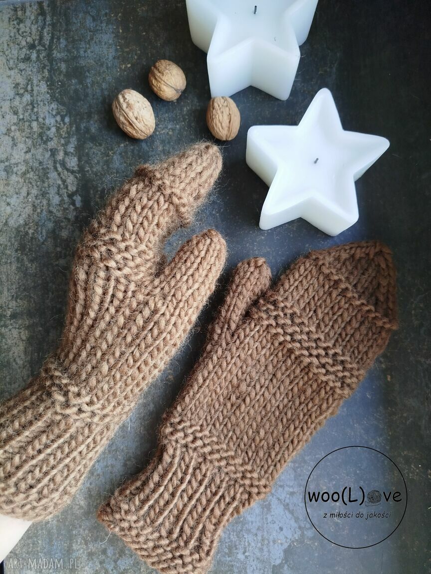 Rękawiczki wełniane ŚnieŻynki toffi wełna prezent pure wool dla