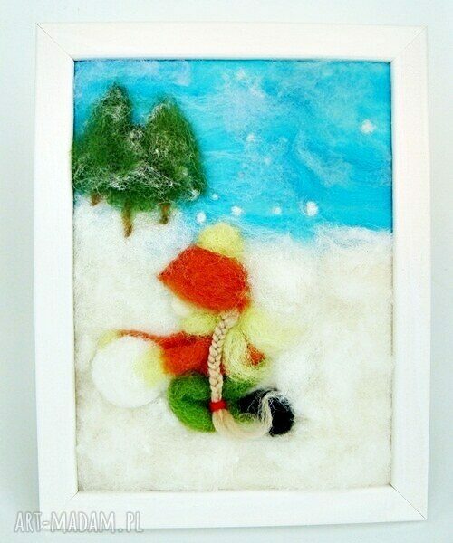 pokoik dziecka: Dziewczynka lepiąca bałwana. Obraz z kolekcji Winter. Handmade