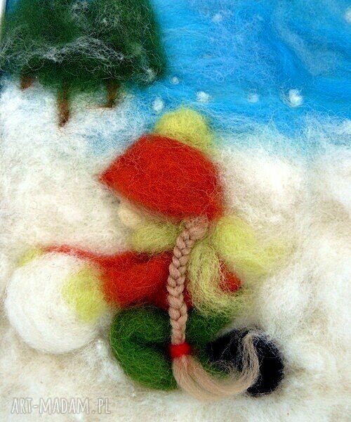 pokoik dziecka: Dziewczynka lepiąca bałwana. Obraz z kolekcji Winter. Handmade