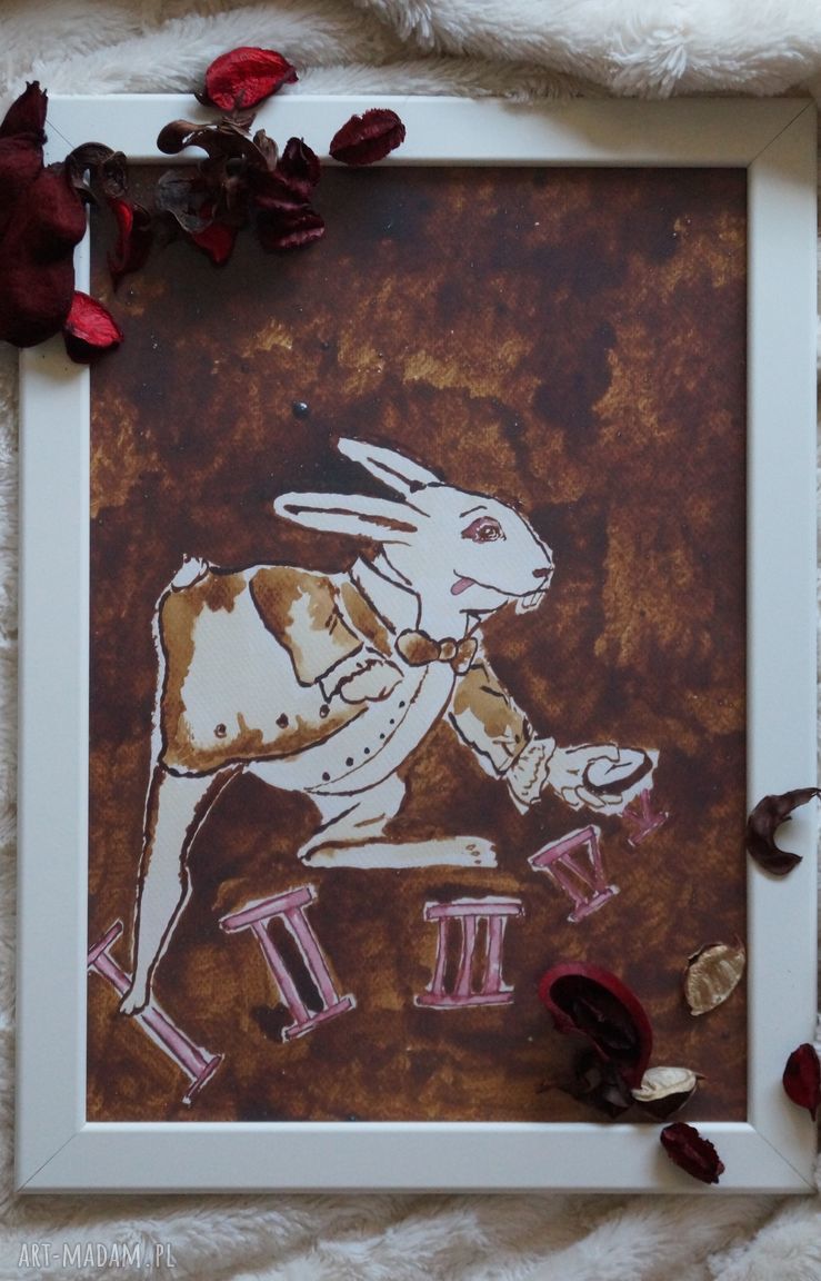 obrazy: Biały Królik obraz kawą i piórem malowany handmade