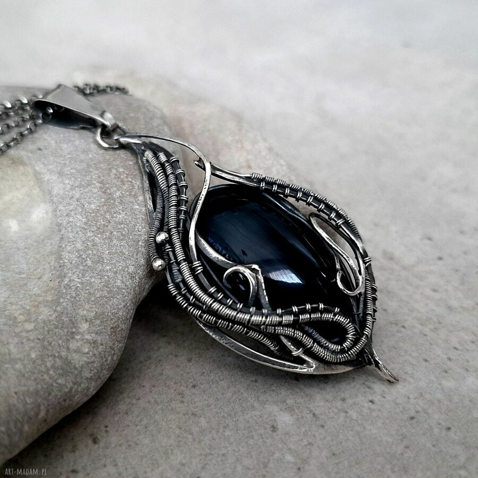 Retro srebrny naszyjnik z Okiem Sokoła - wire wrapping