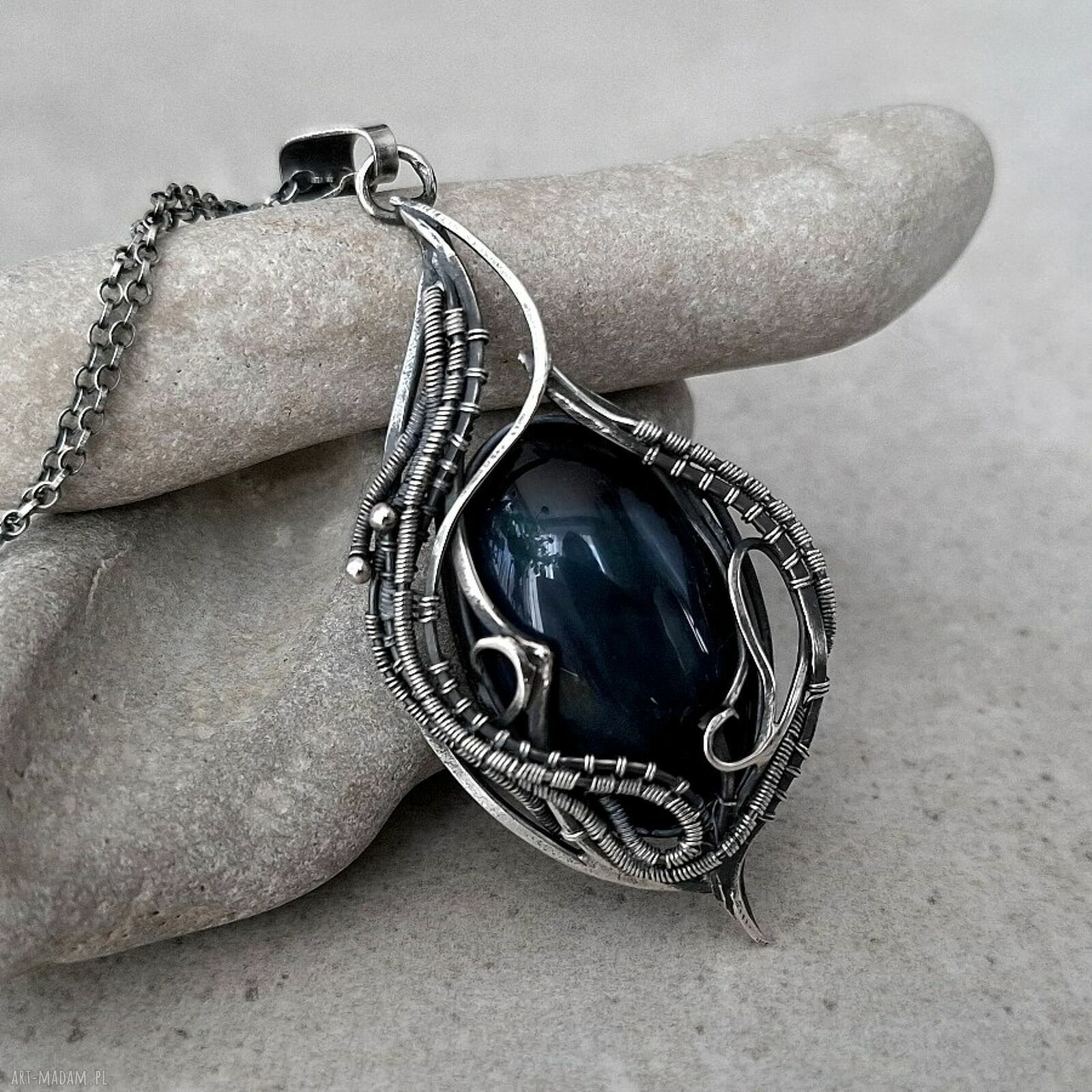 Retro srebrny naszyjnik z Okiem Sokoła - wire wrapping