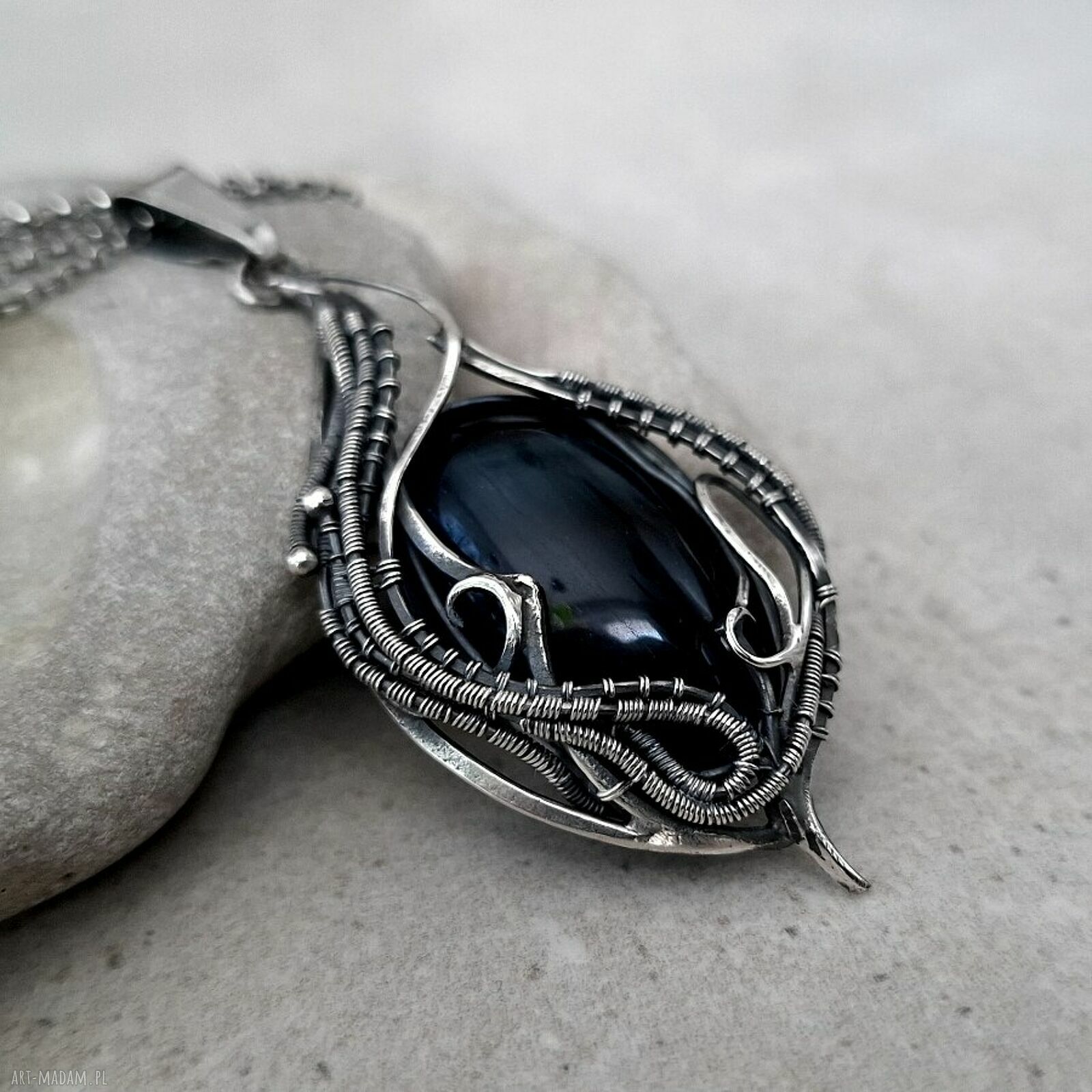Retro srebrny naszyjnik z Okiem Sokoła - wire wrapping