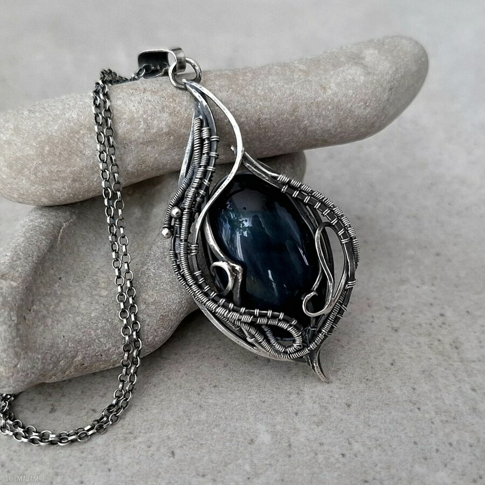 Retro srebrny naszyjnik z Okiem Sokoła - wire wrapping