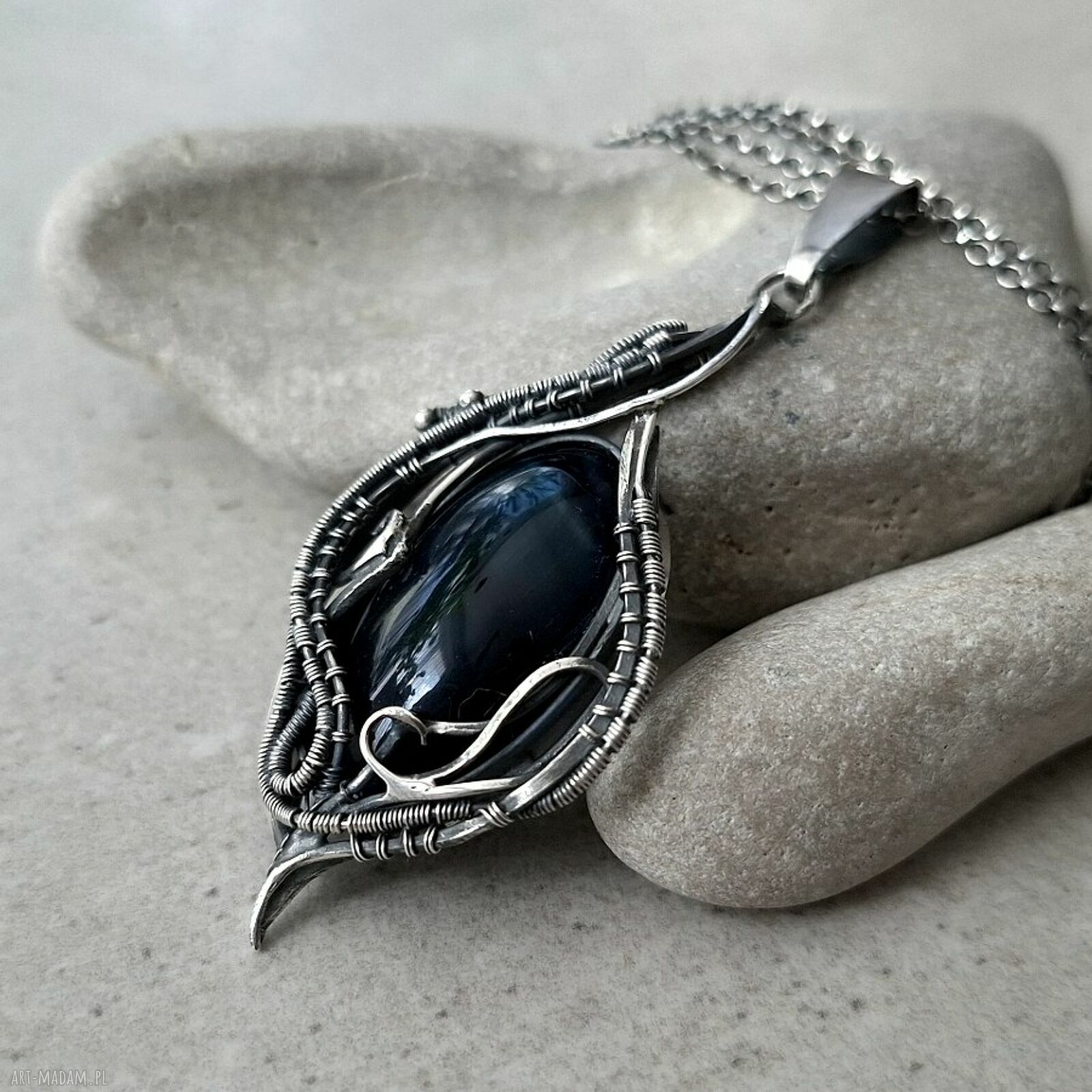 Retro srebrny naszyjnik z Okiem Sokoła - wire wrapping