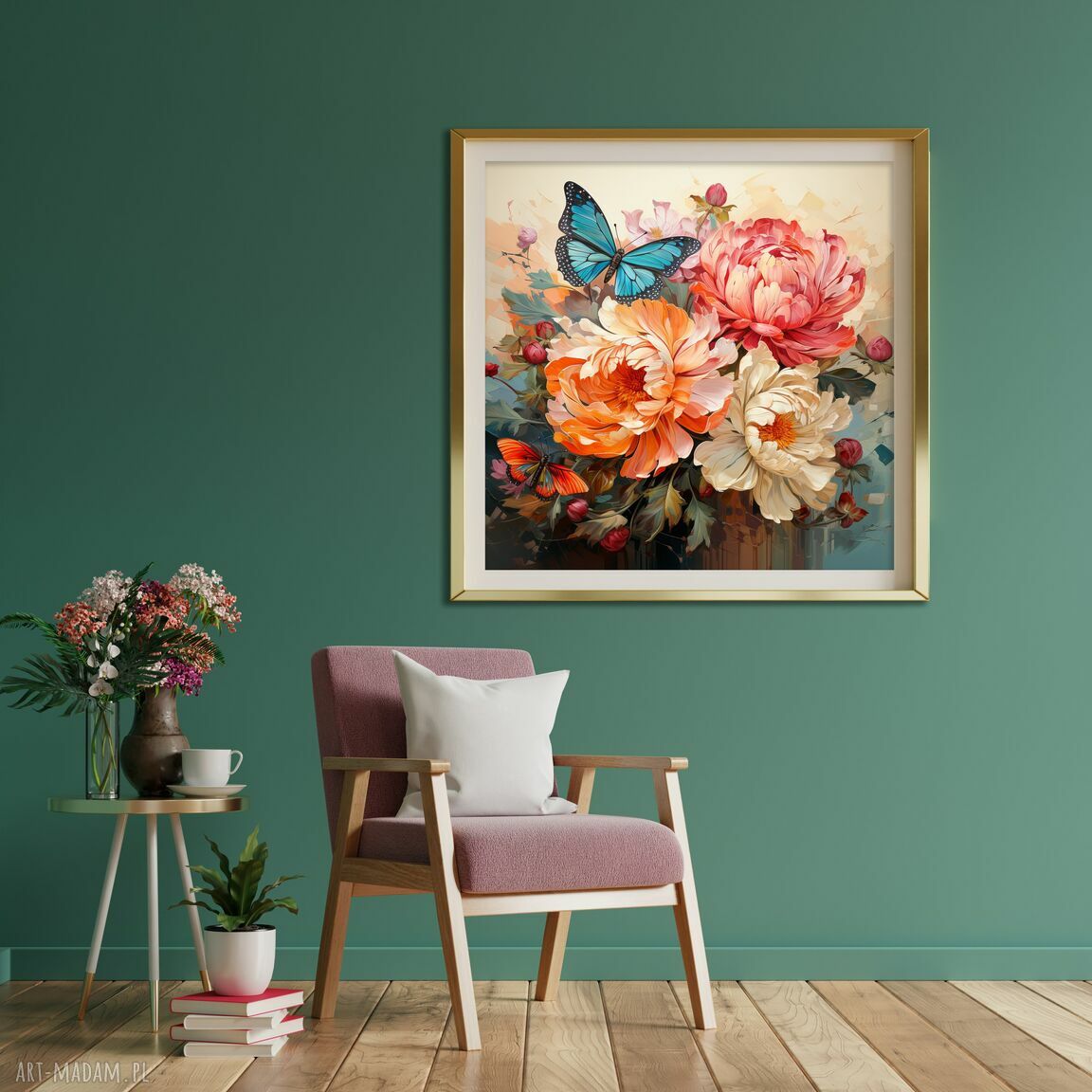 Retro plakat z piwoniami i niebieskim motylem 50x50 cm