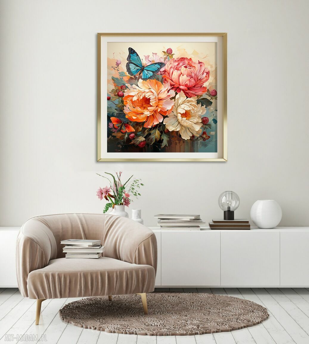 Retro plakat z piwoniami i niebieskim motylem 50x50 cm