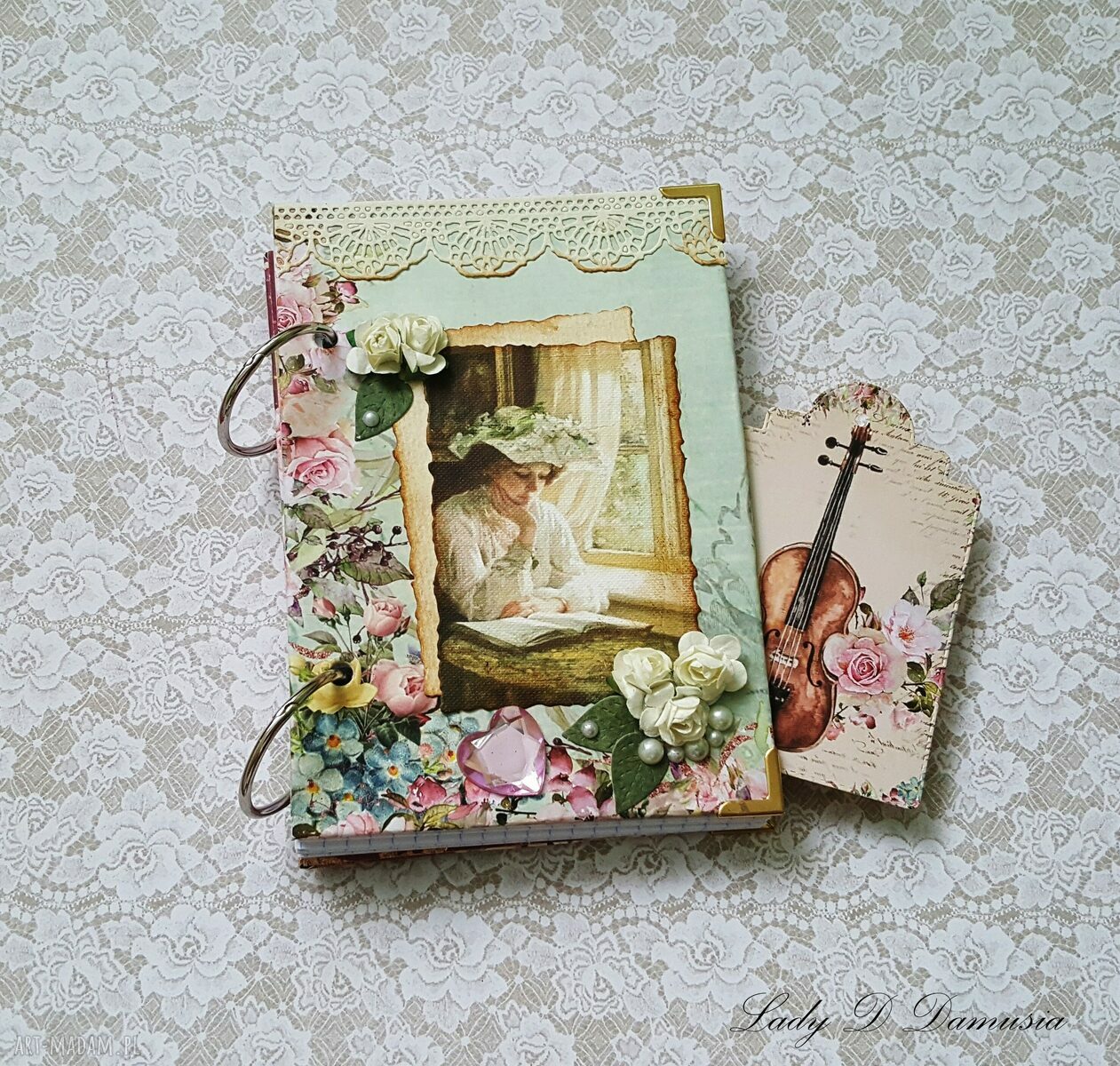 Retro pamiętnik A6 - shabby chic, róże, koronka i metalowe kółka do wpinania