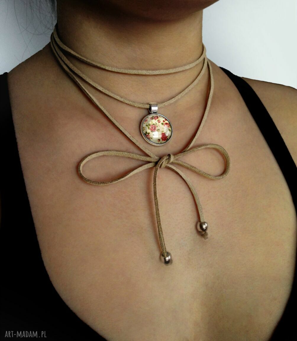 Retro róże choker vintage beżowy cielisty ręcznie robiony