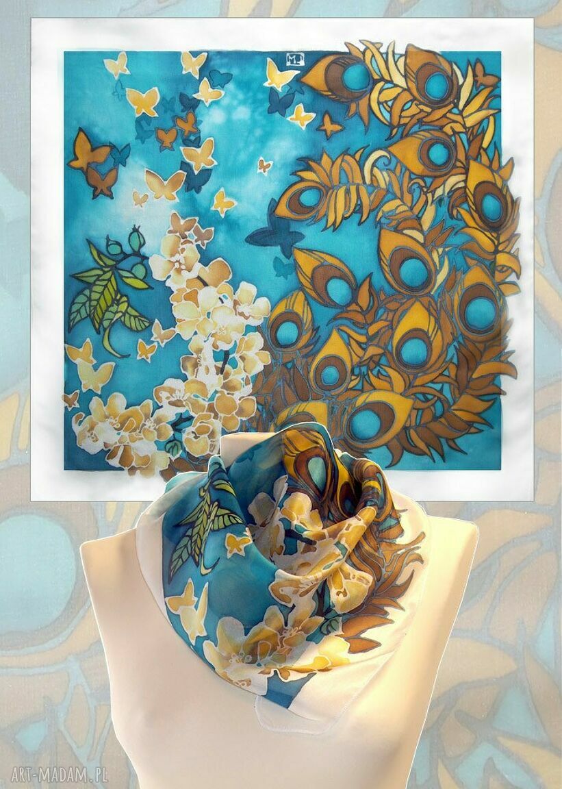 Rezerwacja - jedwabna chusta 88x88 cm malowana w turkusie z motywem pawich piór