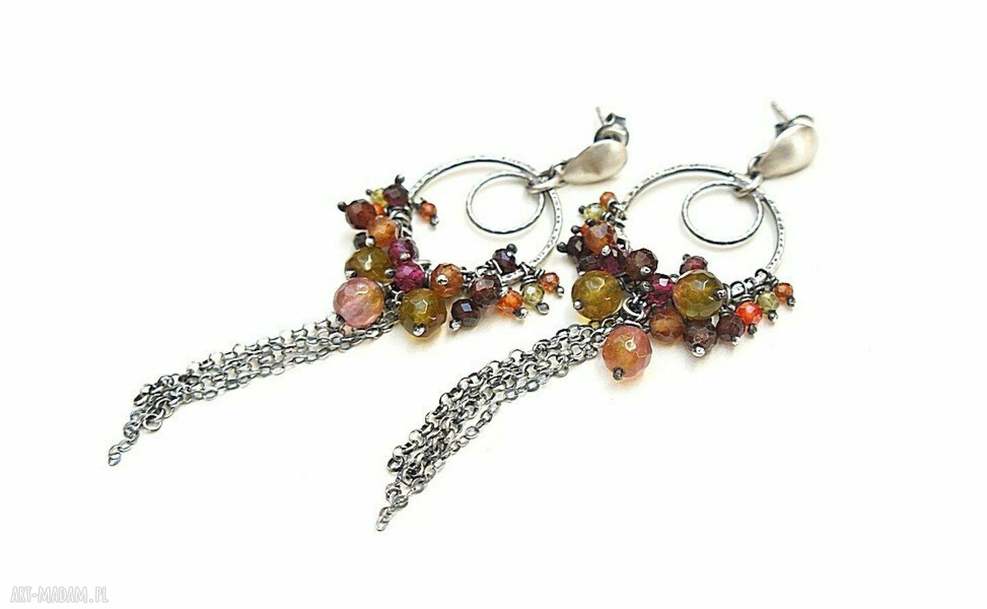 Ring autumn kolczyki srebro oksydowane koła gronka jadeity granat