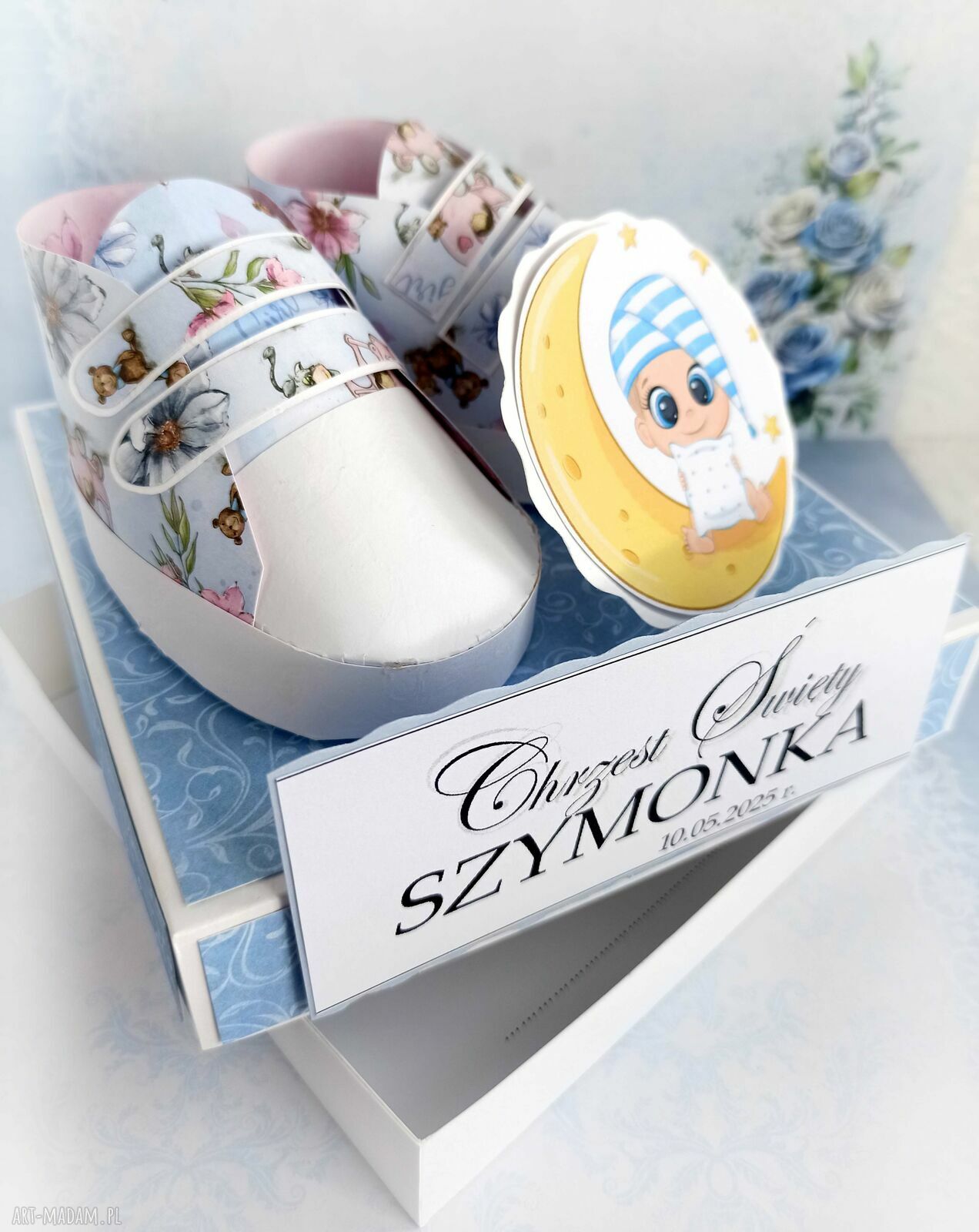Chrzest święty, kartka w pudełku dla chłopca, niebieska pamiątka, Box, Personalizacja, Urodziny ręcznie wykonane