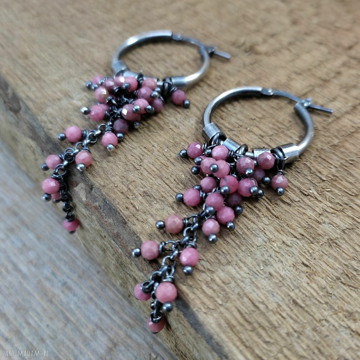 Kolczyki rodonit na kole - srebro 925 oksydowane