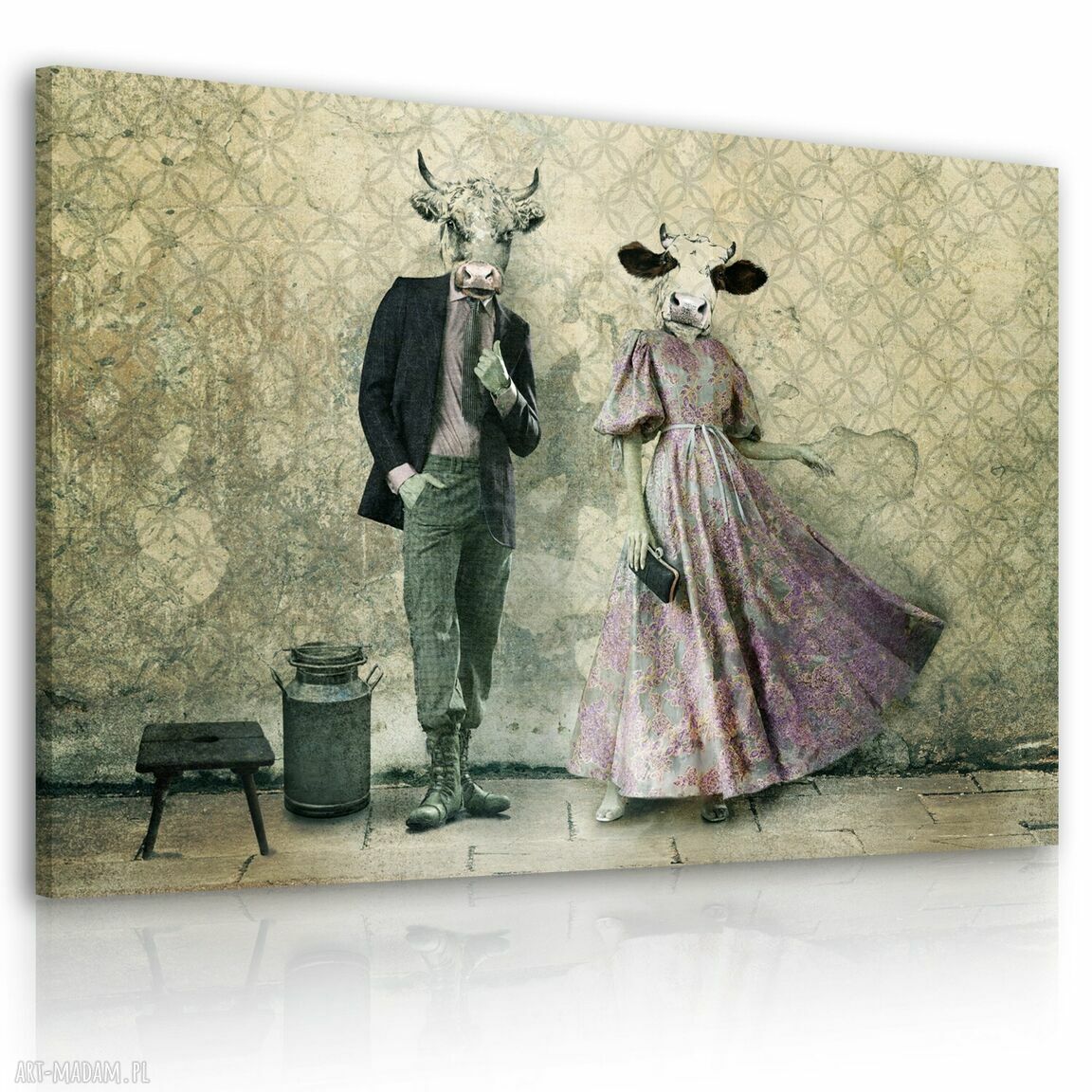 Rodzina krów w stylizacjach vintage - nowoczesny obraz drukowany na płótnie 120x80 cm