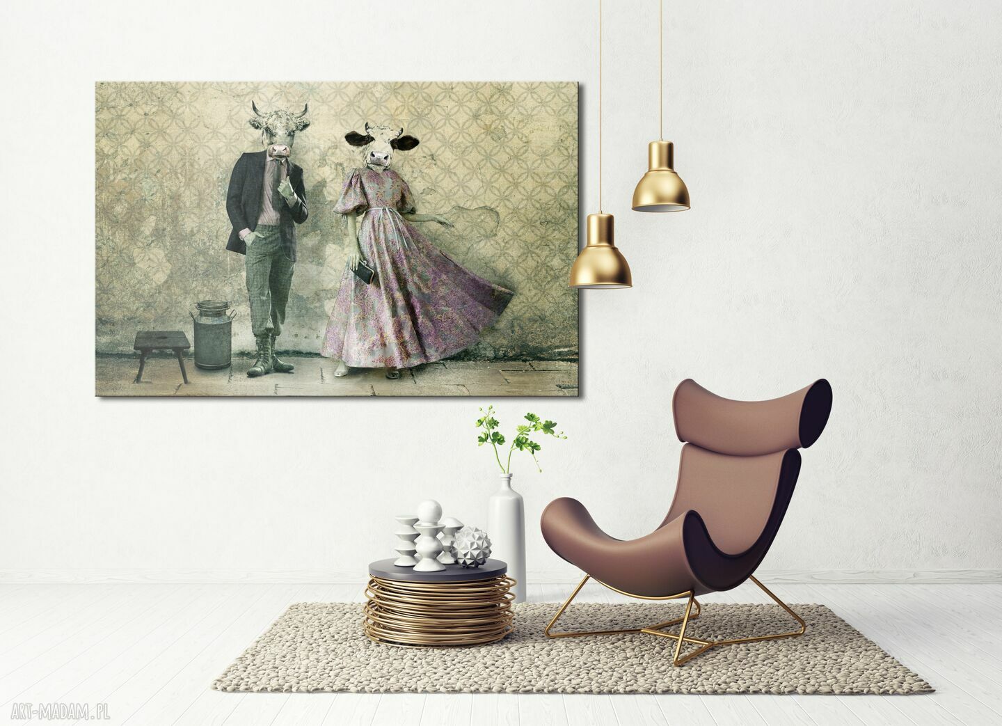 Rodzina krów w stylizacjach vintage - nowoczesny obraz drukowany na płótnie 120x80 cm