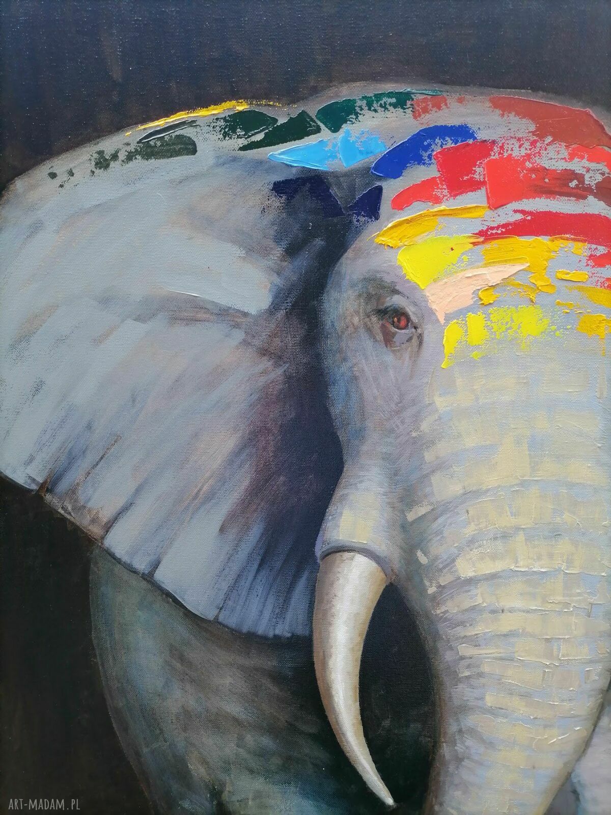 Rodzina słoni - obraz olejny na płótnie 100x80 cm