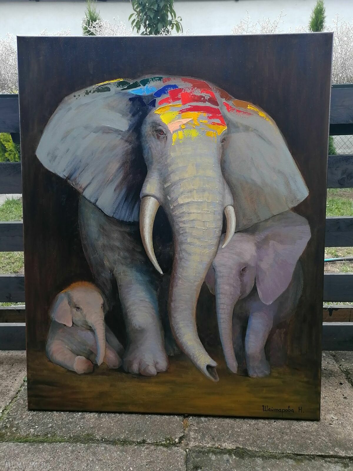 Rodzina słoni - obraz olejny na płótnie 100x80 cm