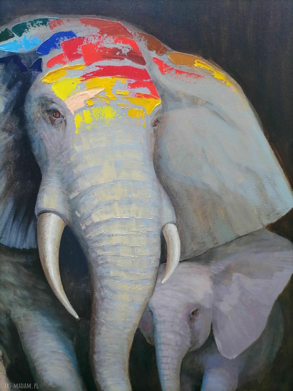 Rodzina słoni - obraz olejny na płótnie 100x80 cm