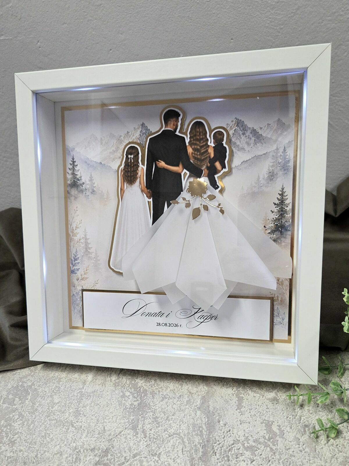 Rodzinna personalizowana ramka ślubna LED 3D