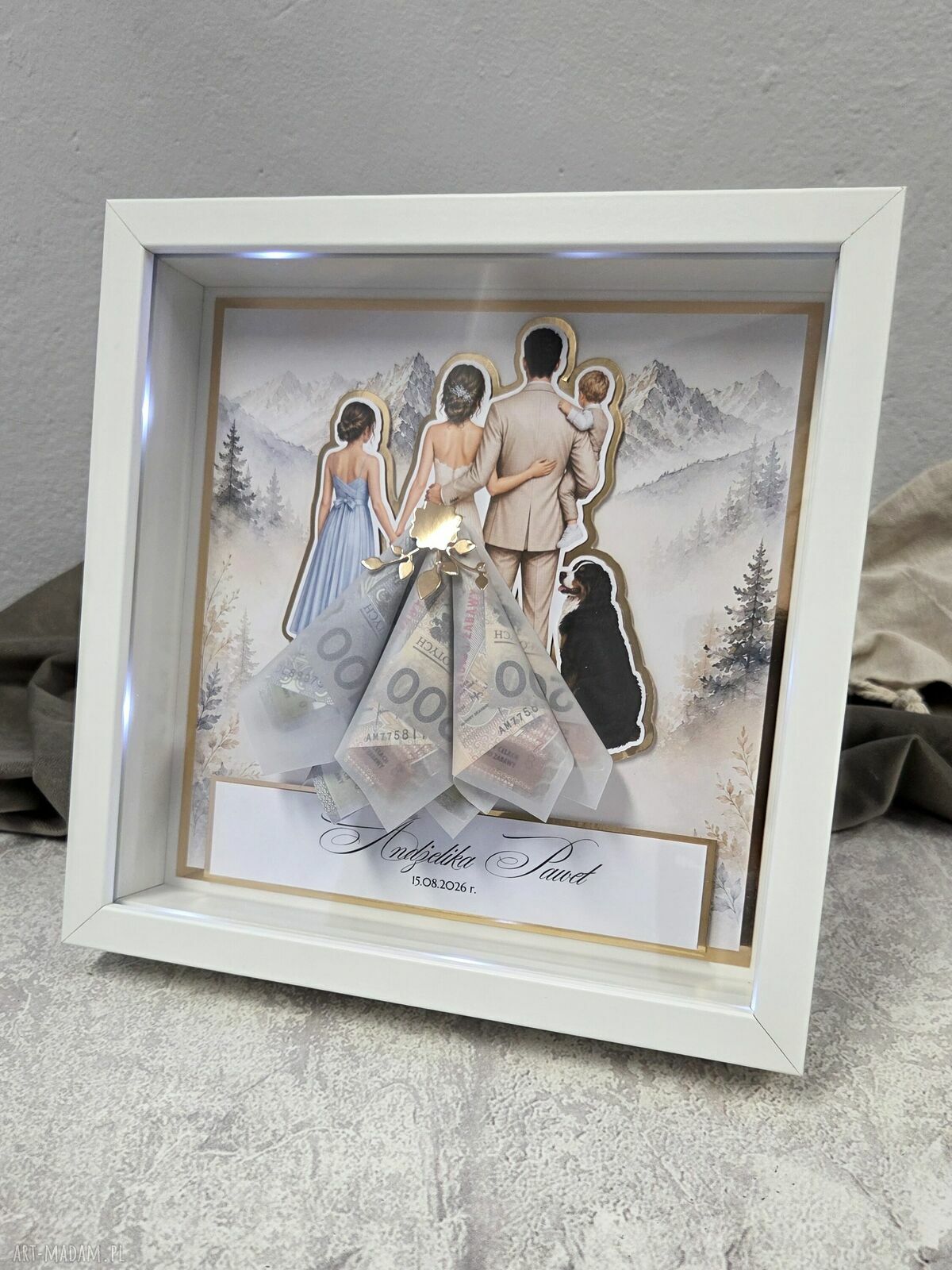 Rodzinna personalizowana ramka ślubna LED 3D