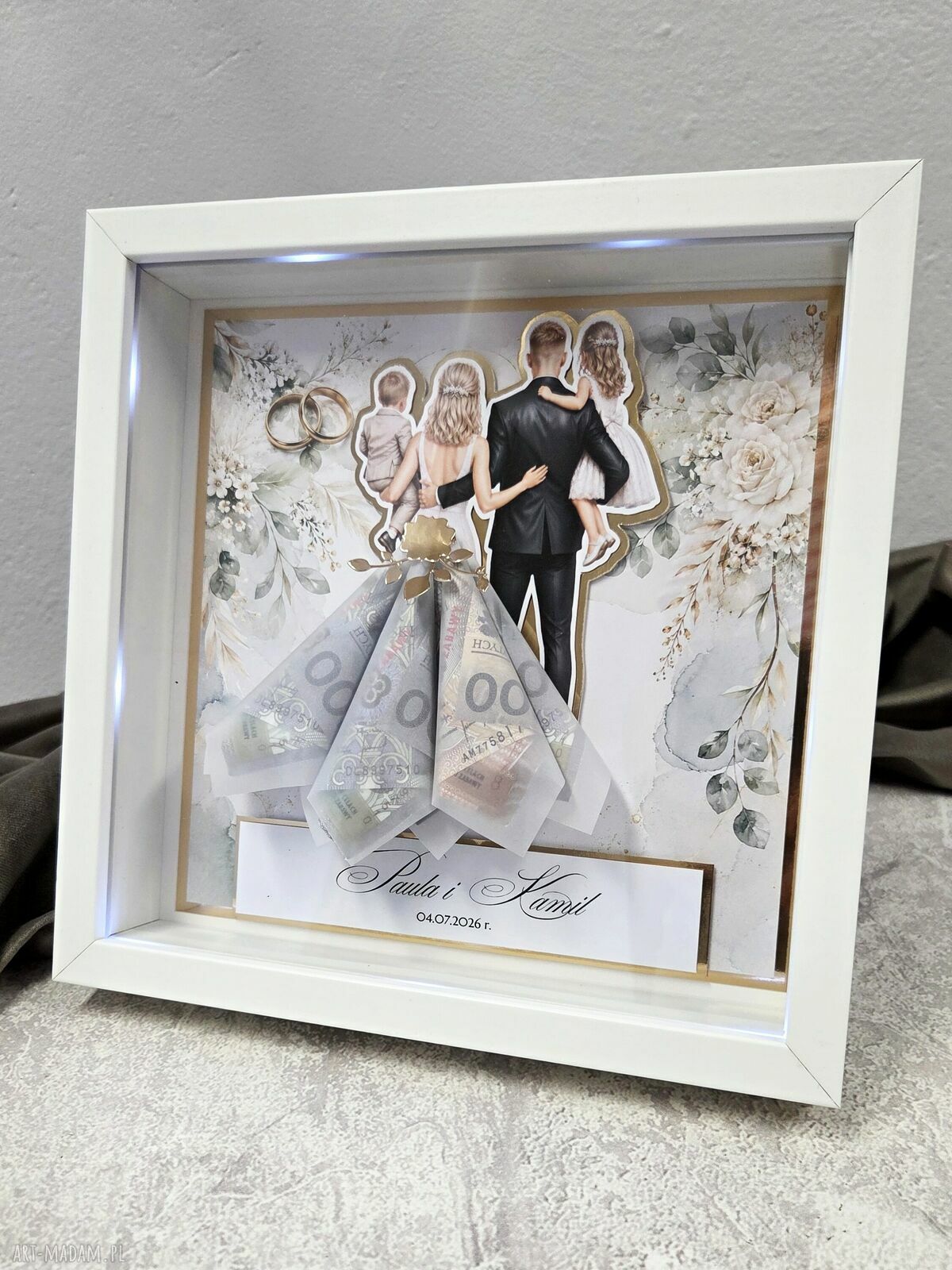 Rodzinna personalizowana ramka ślubna LED 3D