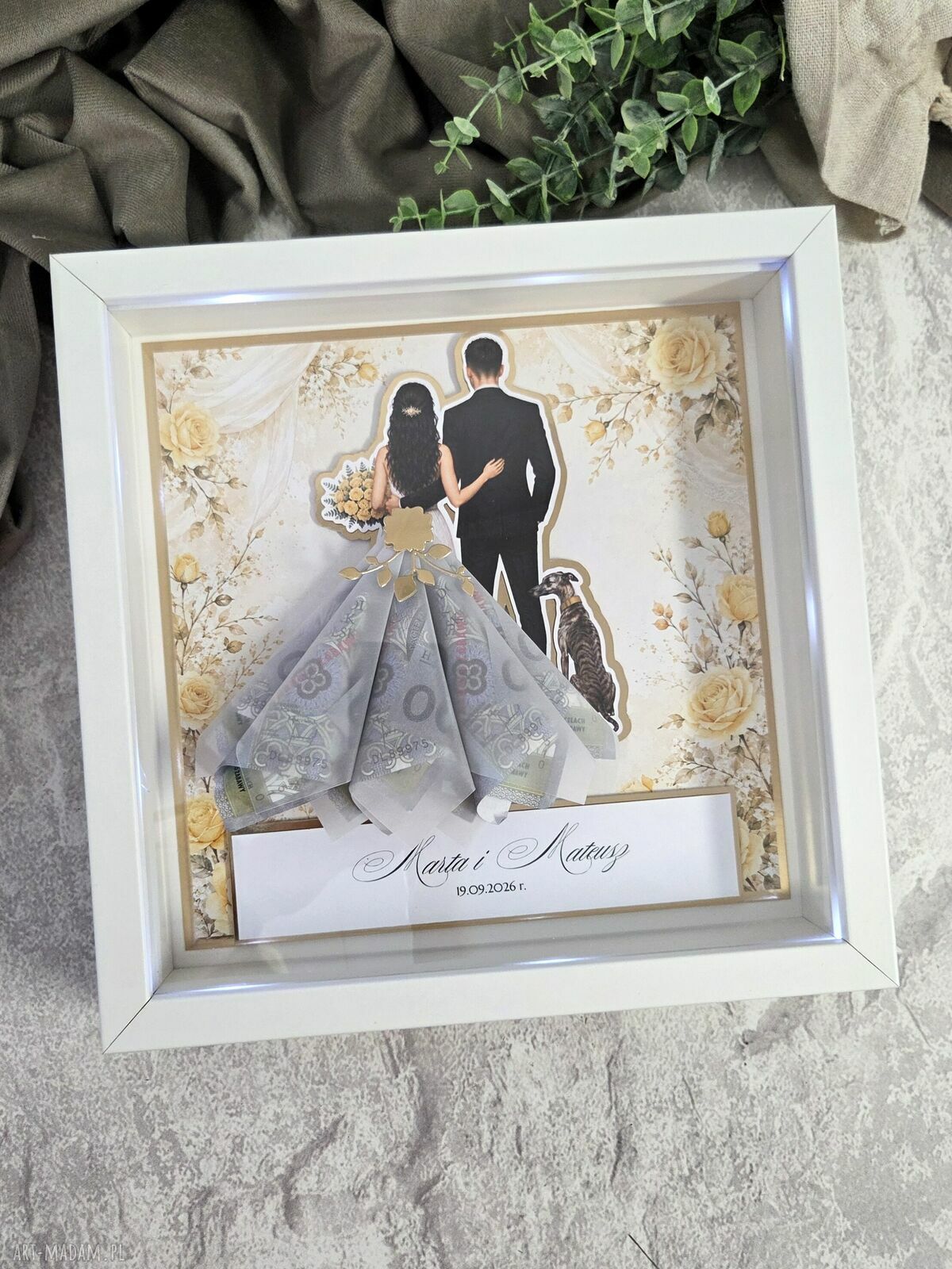 Personalizowana rodzinna ramka ślubna LED 3D z Parą Młodą i zwierzakami