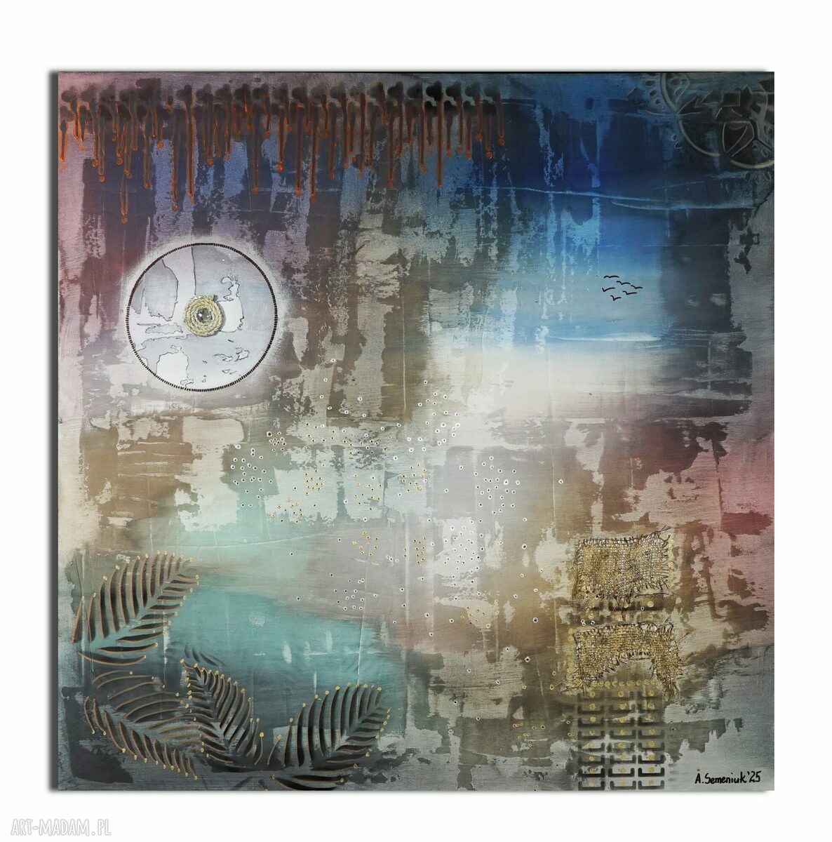 „Roman już pojechał” - abstrakcja na płótnie 100x100 cm (mixed media)