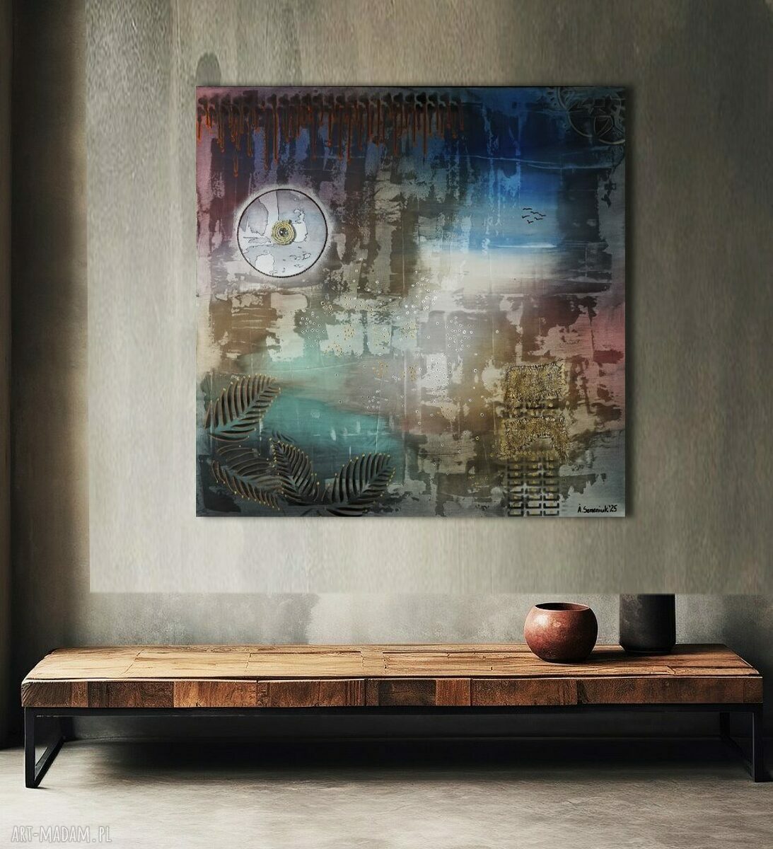 „Roman już pojechał” - abstrakcja na płótnie 100x100 cm mixed media