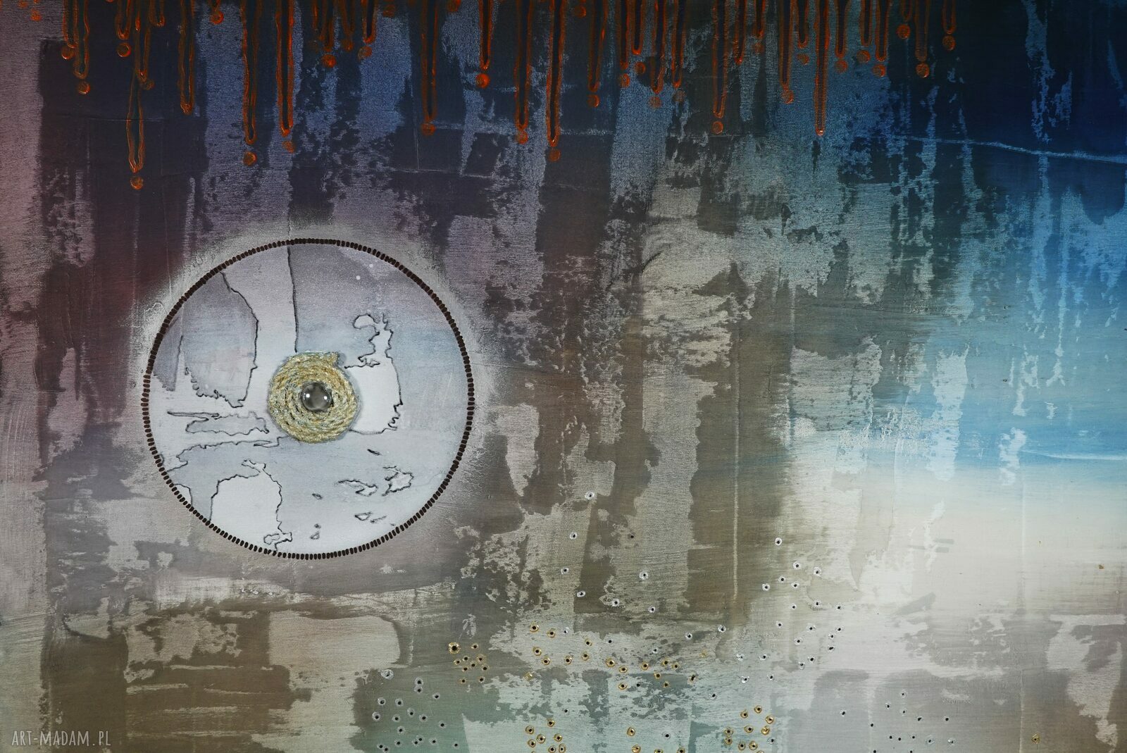 „Roman już pojechał” - abstrakcja na płótnie 100x100 cm (mixed media)